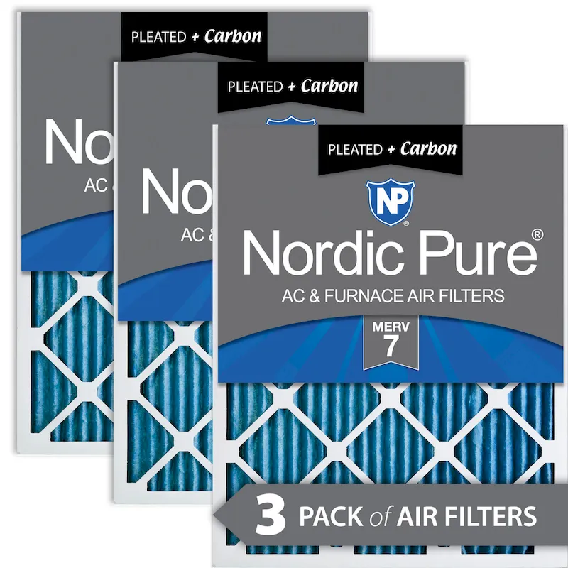 Nordic Pure 10x20x1 (9_1/2x19_1/2) Pleated Air Filters MERV 7 Plus Carbon 3 Pack (10x20x1M7+C-3)