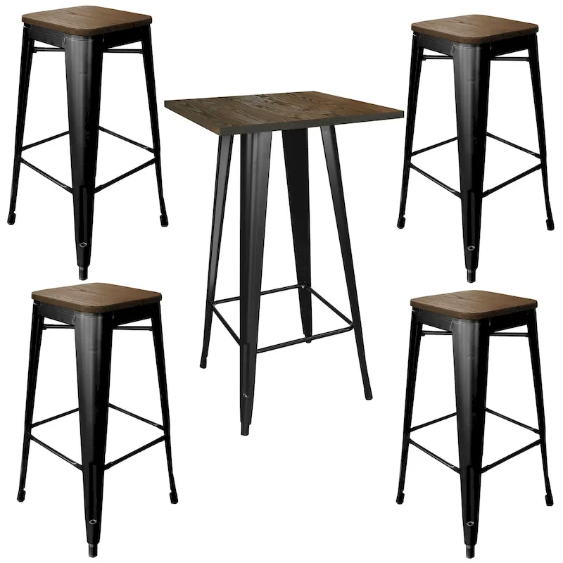 AmeriHome Loft Glossy Black Pub Set with Wood Tops (BSSET33)