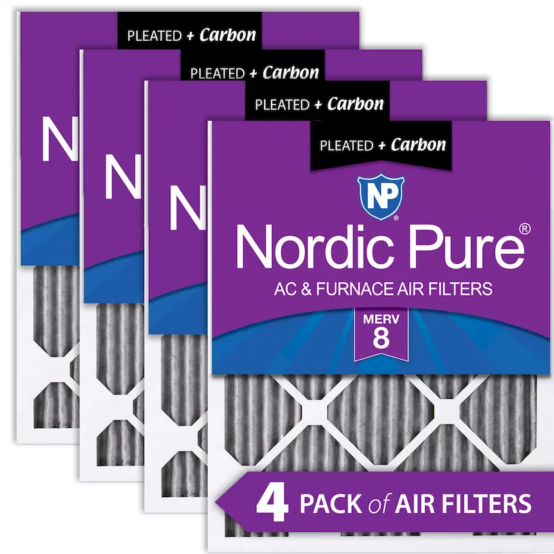 Nordic Pure 16x30x1 (15_3/4x29_11/16) Furnace Air Filters MERV 8 Pleated Plus Carbon 4 Pack (16x30x1PM8C-4)