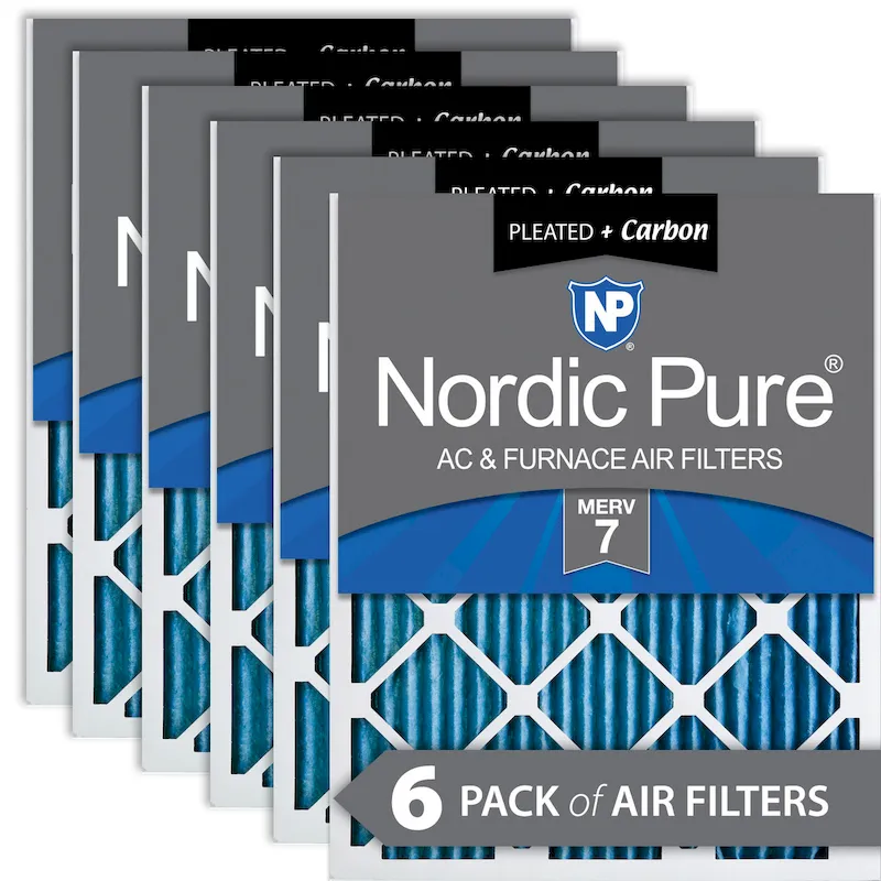 Nordic Pure 24x24x1 (23_3/8x23_3/8) Pleated Air Filters MERV 7 Plus Carbon 6 Pack (24x24x1M7+C-6)