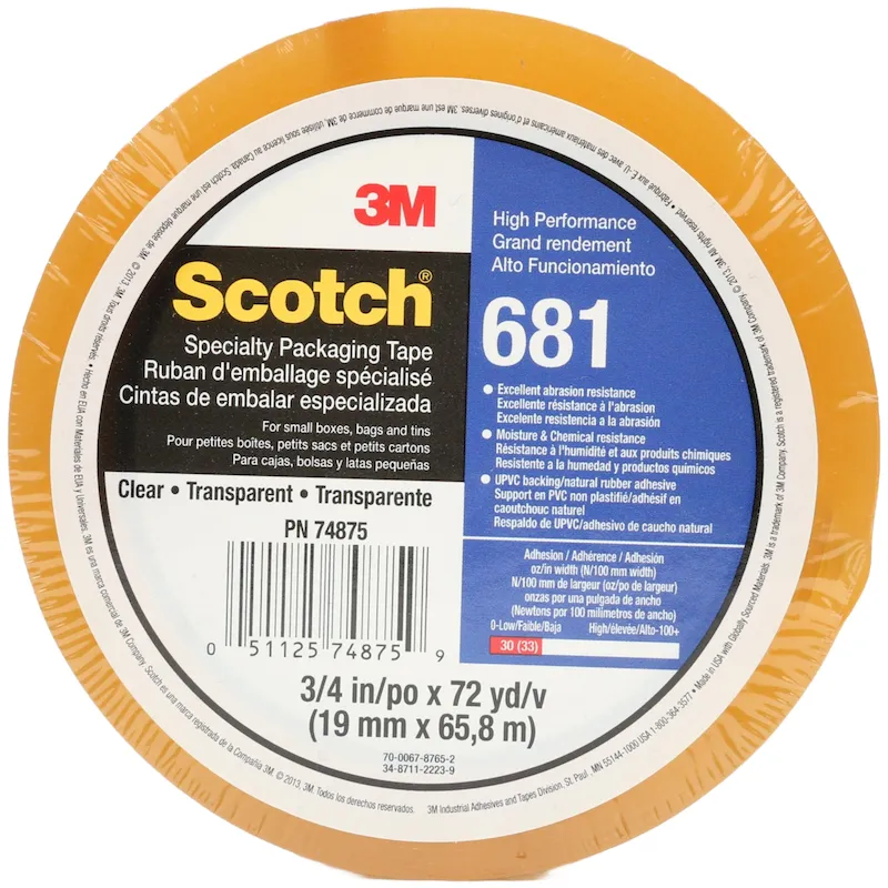 Scotch Light Duty Packaging Tape 681 Clear Moisture Chemical Resistant 3 in x 72 yd, 1 Roll