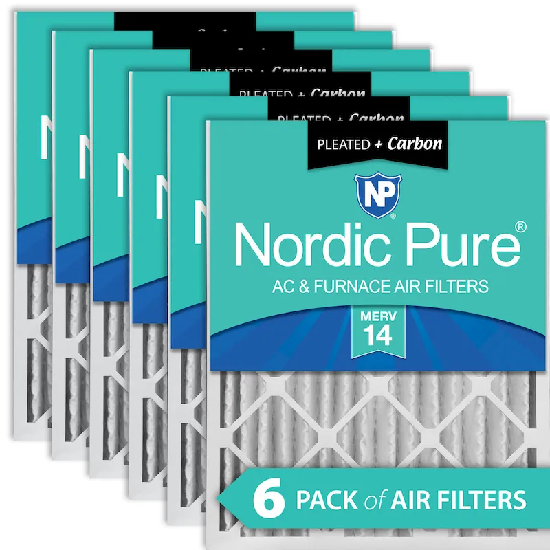 Nordic Pure 20x20x4 (3 5/8) Pleated Air Filters MERV 14 Plus Carbon 6 Pack (20x20x4M14+C-6)