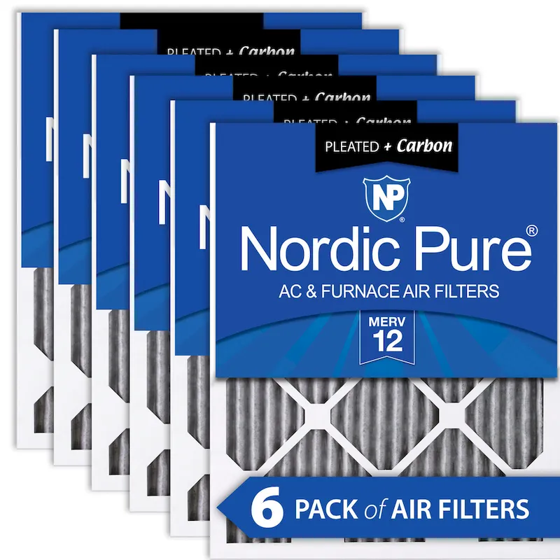 Nordic Pure 12x12x1 (11_3/4x11_3/4) Furnace Air Filters MERV 12 Pleated Plus Carbon 6 Pack (12x12x1PM12C-6)