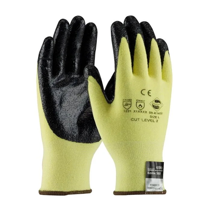PIP G-Tek KEV 09-K1450V/L Seamless Knit DuPont Kevlar/Elastane Glove with Nitrile Coated Smooth Grip Work Gloves, Vend Ready, Yellow, Large, 1 Pair