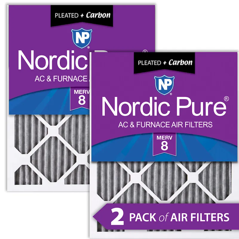 Nordic Pure 12x25x1 (11_3/4x24_3/4) Furnace Air Filters MERV 8 Pleated Plus Carbon 2 Pack (12x25x1PM8C-2)