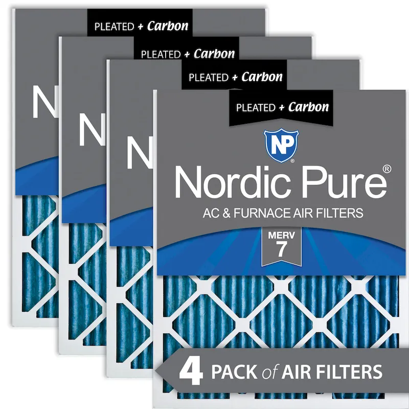 Nordic Pure 14x25x1 (13_1/2x24_1/2) Pleated Air Filters MERV 7 Plus Carbon 4 Pack (14x25x1M7+C-4)