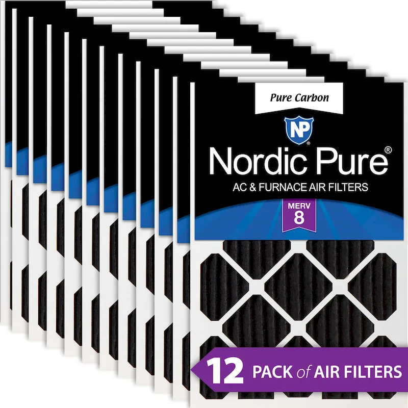 Nordic Pure 16x25x2 Pure Carbon Pleated Odor Reduction MERV 8 Furnace Filters 12 Pack (16x25x2PCP-12)