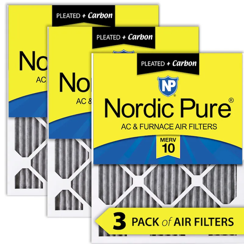 Nordic Pure 20x30x1 (19_5/8x29_5/8) Furnace Air Filters MERV 10 Pleated Plus Carbon 3 Pack (20x30x1PM10C-3)