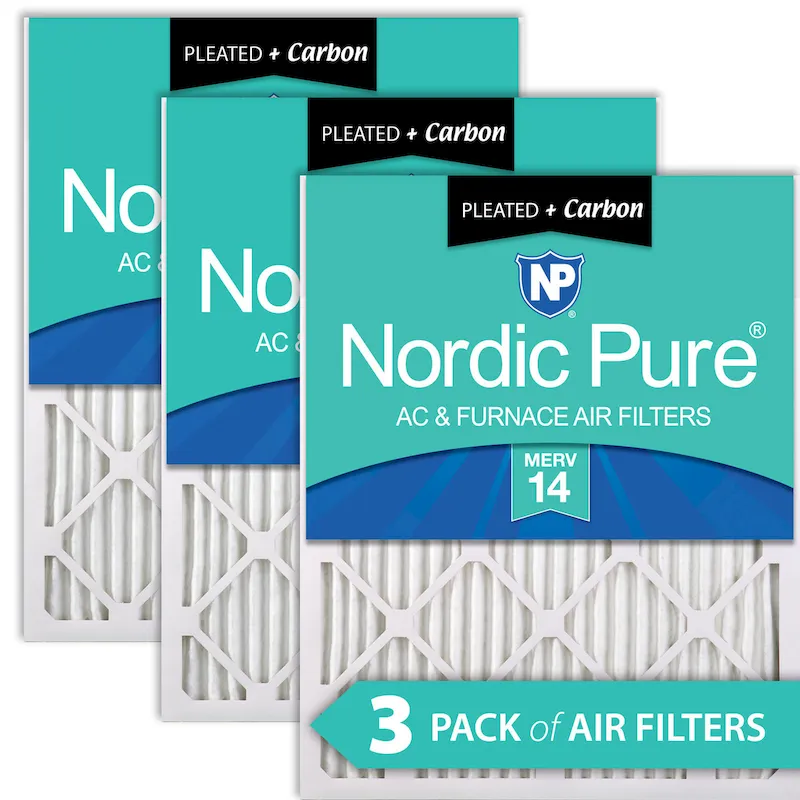 Nordic Pure 14x14x1 (13_3/4x13_3/4) Pleated Air Filters MERV 14 Plus Carbon 3 Pack (14x14x1M14+C-3)