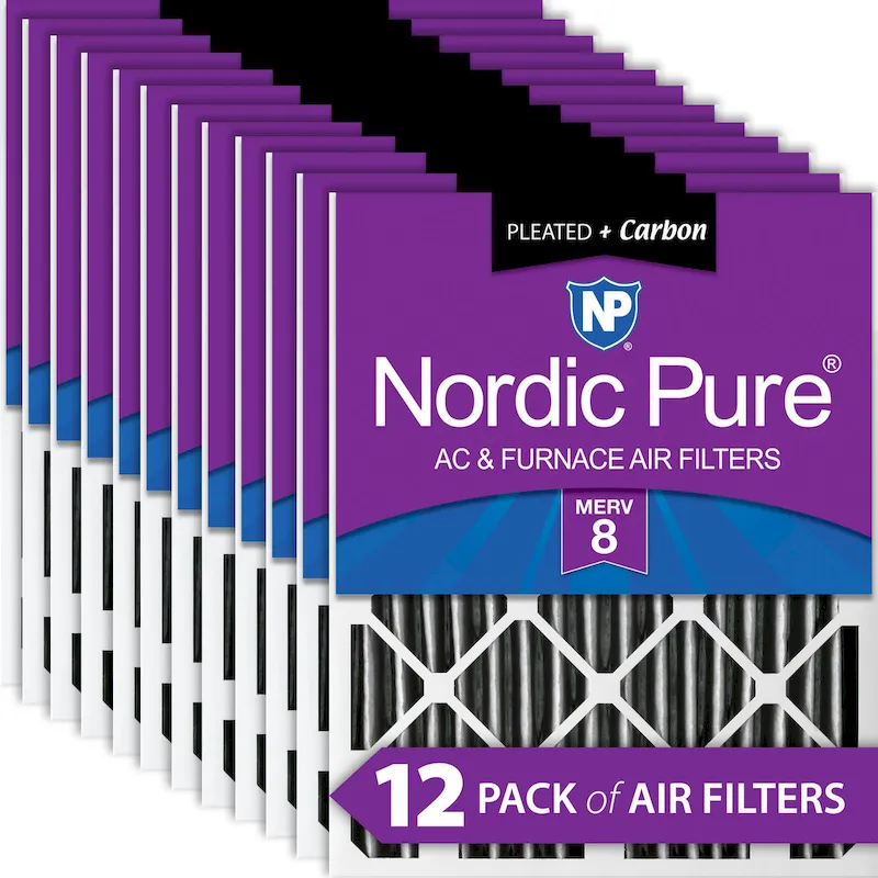 Nordic Pure 16x24x2 Furnace Air Filters MERV 8 Pleated Plus Carbon 12 Pack (16x24x2PM8C-12)